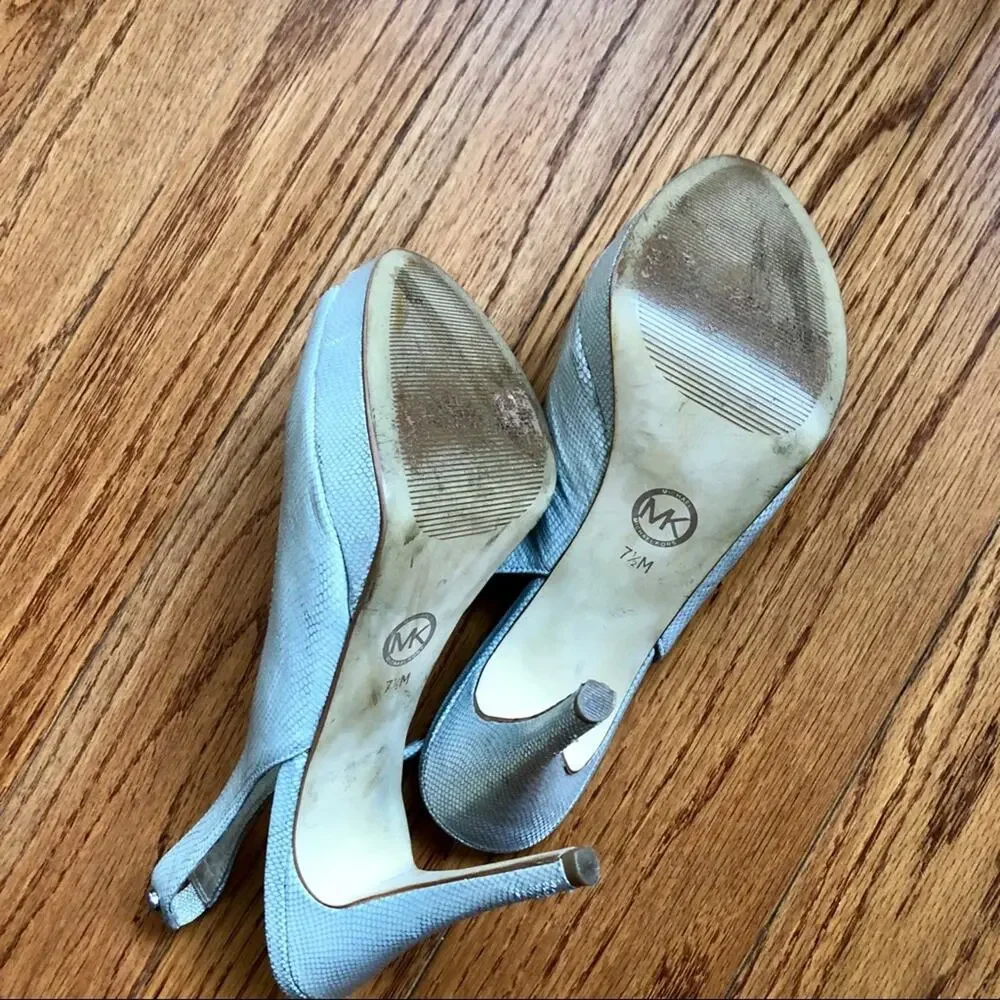 MICHAEL KORS Metallic White Leather York Sling Back Platform Heels Size 7.5